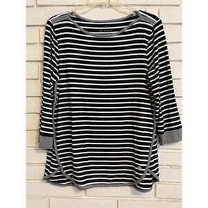 T‎ By Talbots Top Womens Sz Medium Petite Stripe 3/4 Sleeve Casual Sporty Black